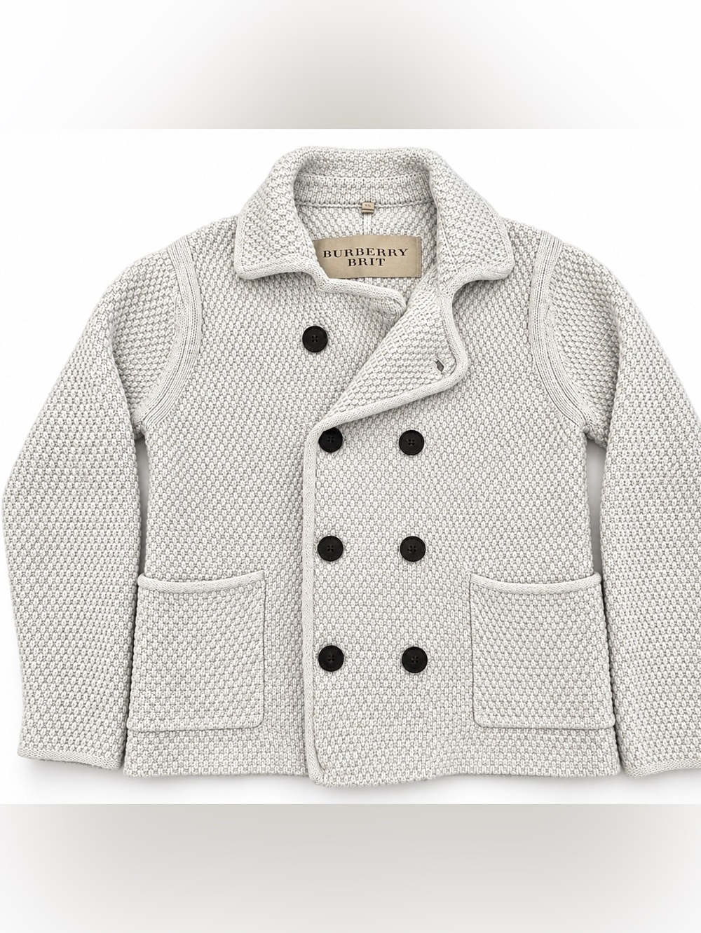 Burberry Brit Men’s XL Cotton Knit Double-Breasted Peacoat Cardigan Ivory - Picture 2 of 6